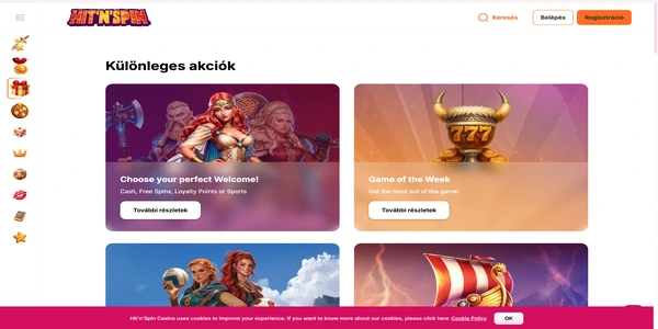 Hit'n'Spin Casino üdvözlő bónusz oldala mobilon
