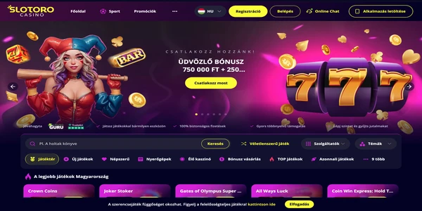 Slotoro Casino mobil kezdőoldala