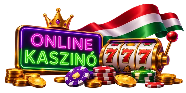 Online kaszinó neon felirat nyerőgéppel, magyar zászlóval és zsetonokkal